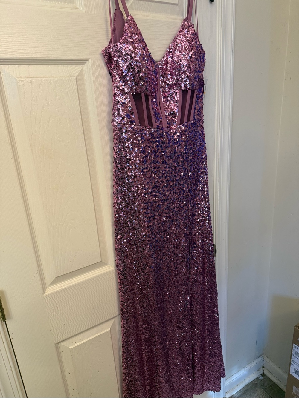 Morgan & Co. Rose Pink Sequin Prom Dress with Sheer Paneling